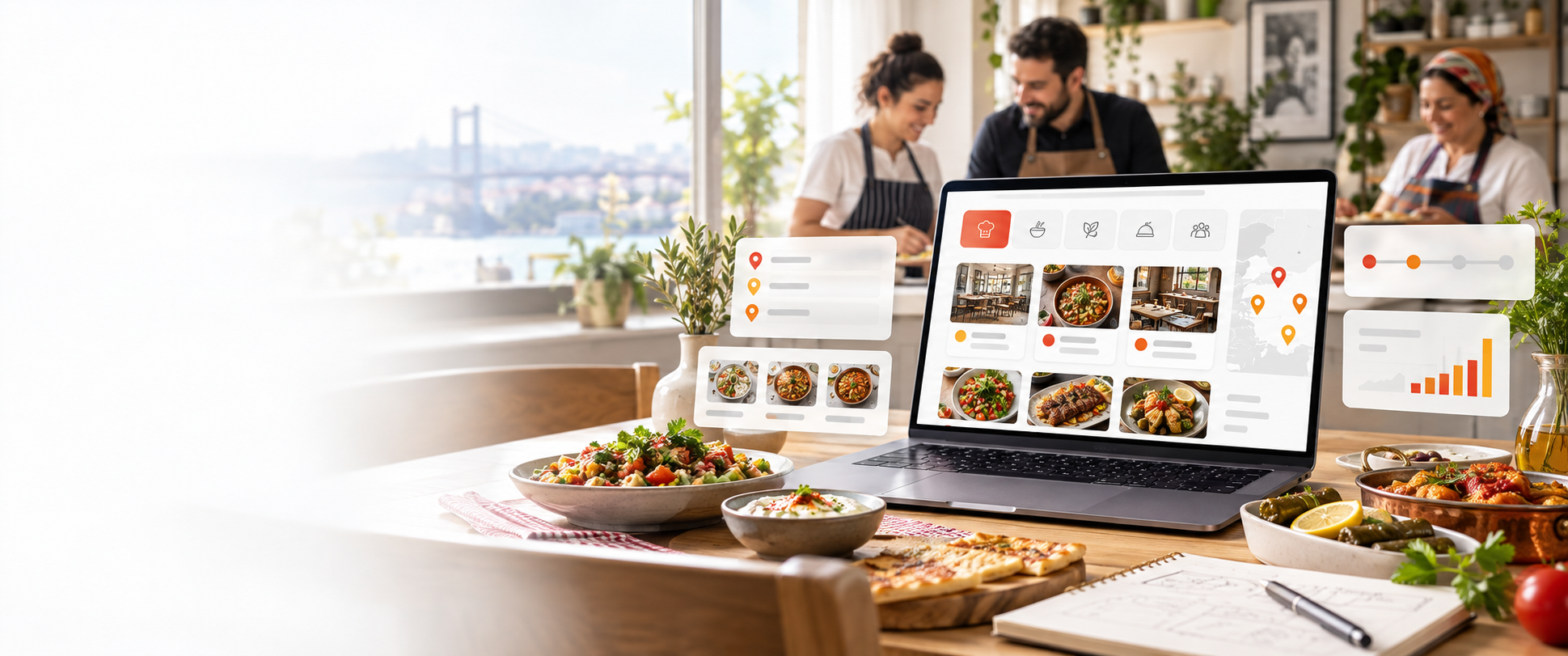 Yemek kartları, bölgesel pinler ve işletme paneli bulunan Yemekciden.Net tanıtım görseli
